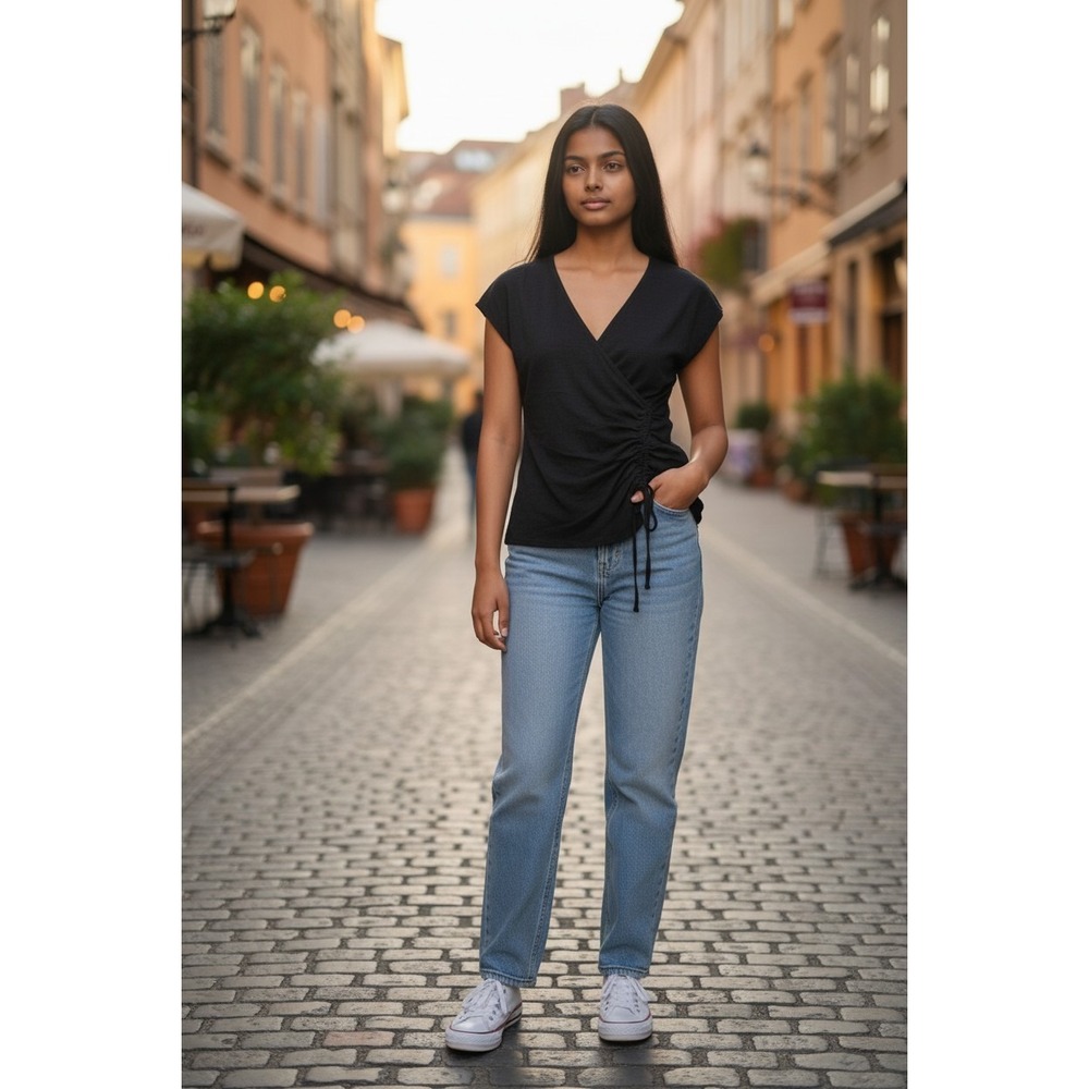 Max Studio Black Ruched Drawstring V-Neck Short Sleeve Blouse Size XSโ